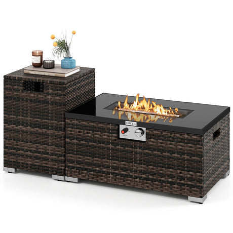 Juego de 2 piezas de mesa de fuego de ratán para exterior, fogón de gas rectangular de 32 pulgadas con cubierta para el tanque