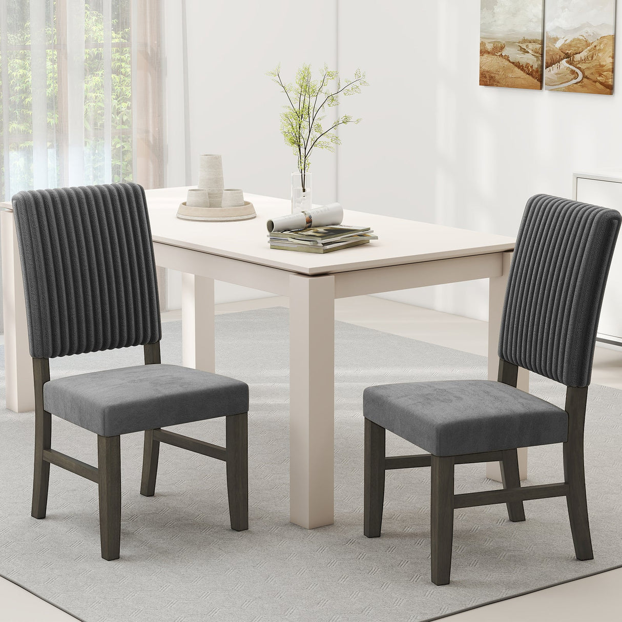 Juego de 2 sillas de comedor tapizadas en terciopelo gris, estilo moderno de mediados de siglo