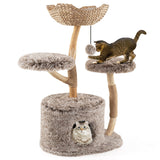 Árbol para gatos de madera maciza, árbol para gatos de peral con plataforma y postes rascadores de sisal - Marrón