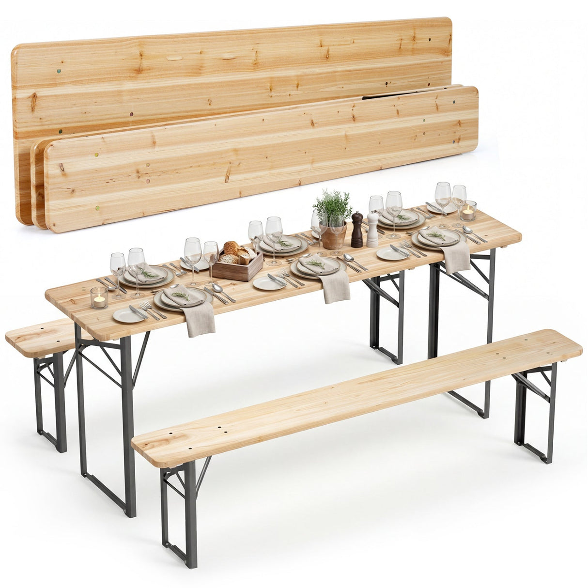 Mesa de Picnic Plegable de 3 Piezas de 70 Pulgadas con Bancos para 6 Personas, Madera de Abeto, Portátil, Mesa de Camping Bear-Negra