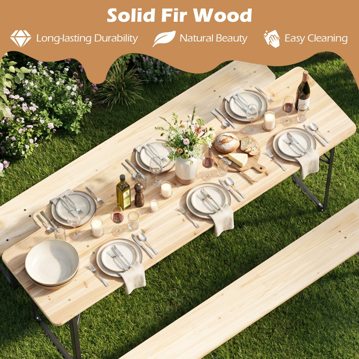 Mesa de Picnic Plegable de 3 Piezas de 70 Pulgadas con Bancos para 6 Personas, Madera de Abeto, Portátil, Mesa de Camping Bear-Negra