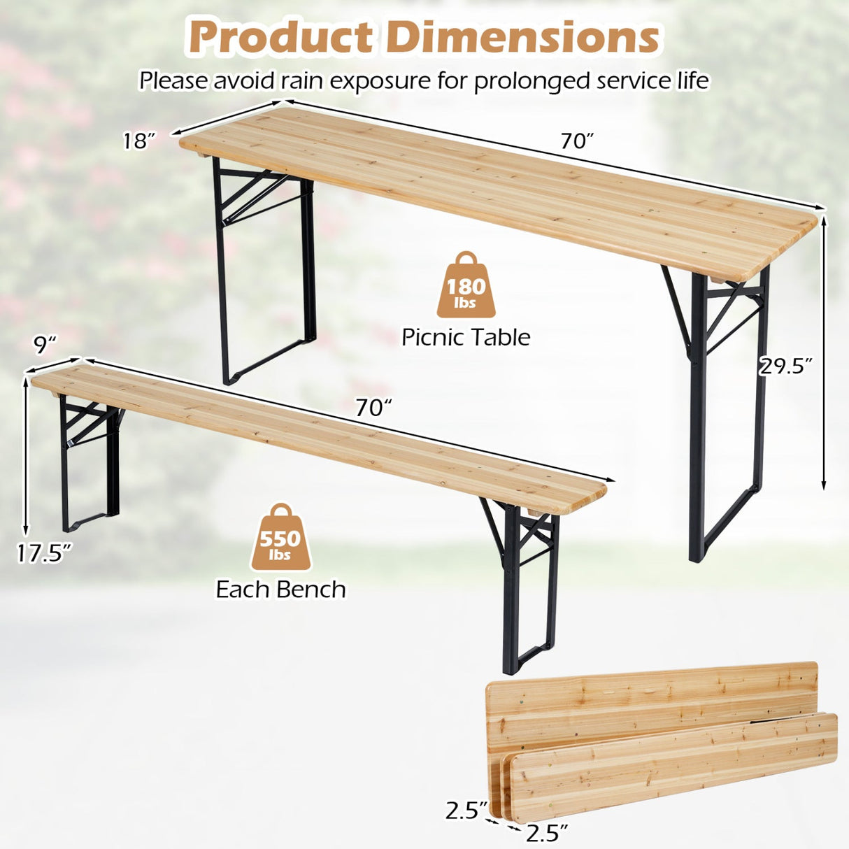 Mesa de Picnic Plegable de 3 Piezas de 70 Pulgadas con Bancos para 6 Personas, Madera de Abeto, Portátil, Mesa de Camping Bear-Negra