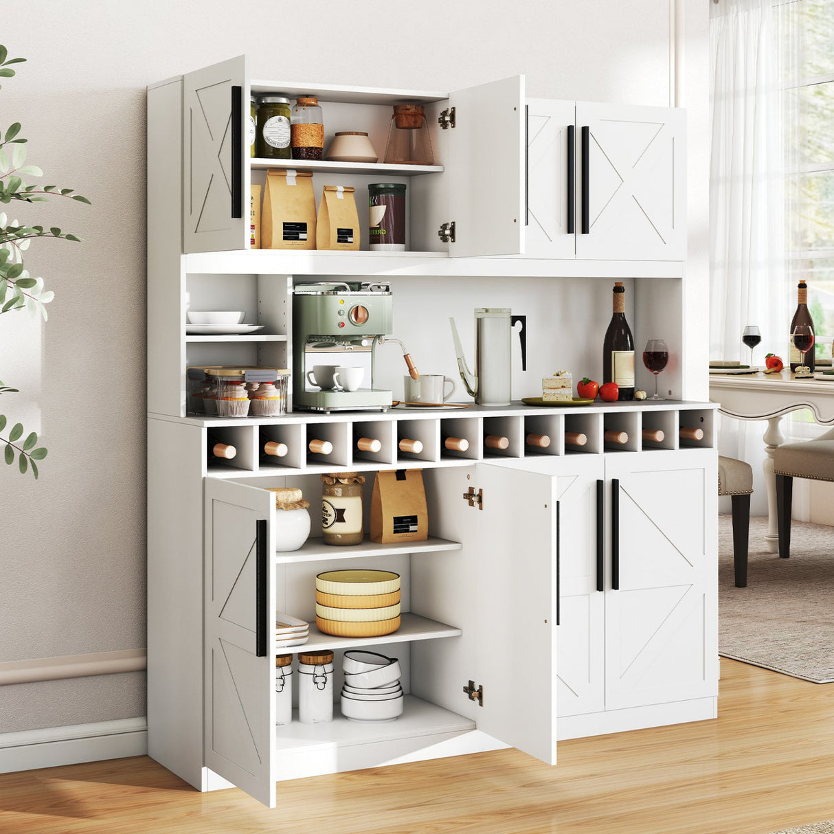 70 Inch Farmhouse Pantry Cabinet Kitchen Buffet Hutch with 4 Cabinets and 2 Open Shelves