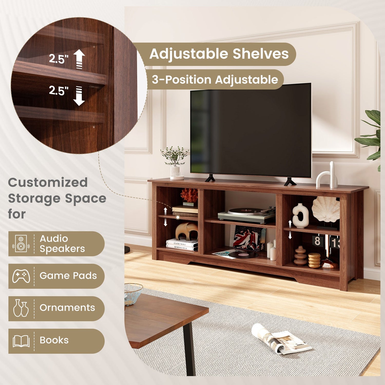 70 Inch TV Stand for up to 75 Inch Flat Screen TVs with Adjustable Shelves