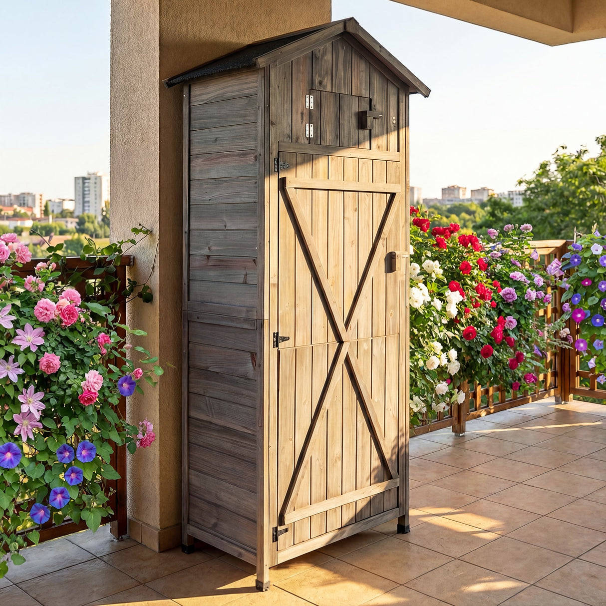 Armario de almacenamiento de herramientas de jardín de 70 pulgadas de alto con puertas con cerradura y mesa plegable