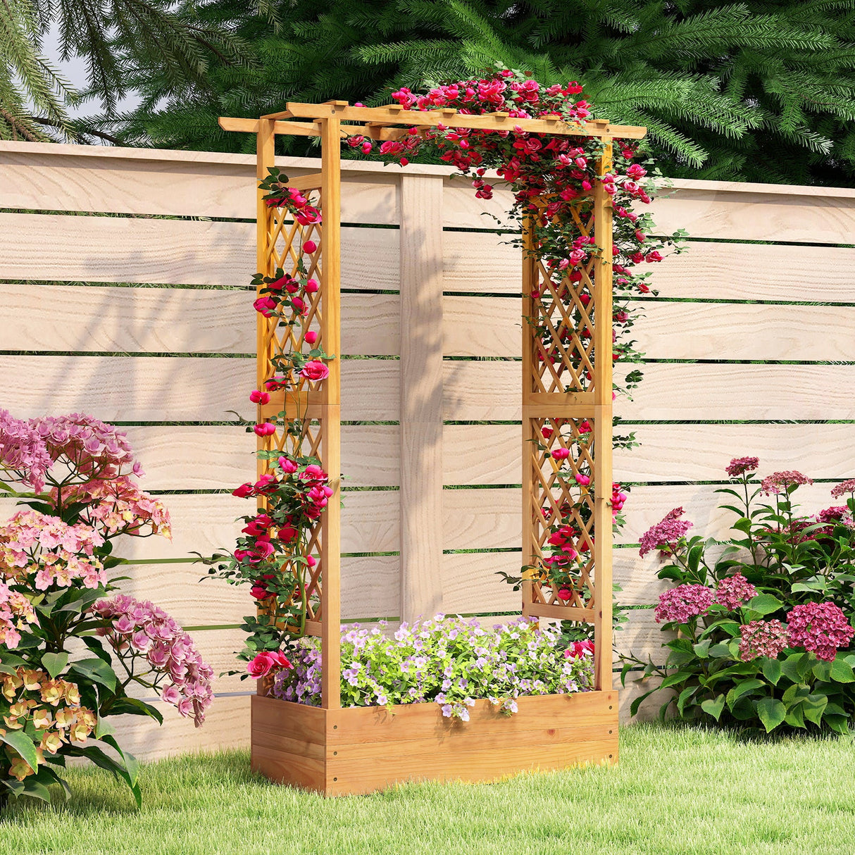 Macetero elevado de madera con celosía, 70 pulgadas, natural