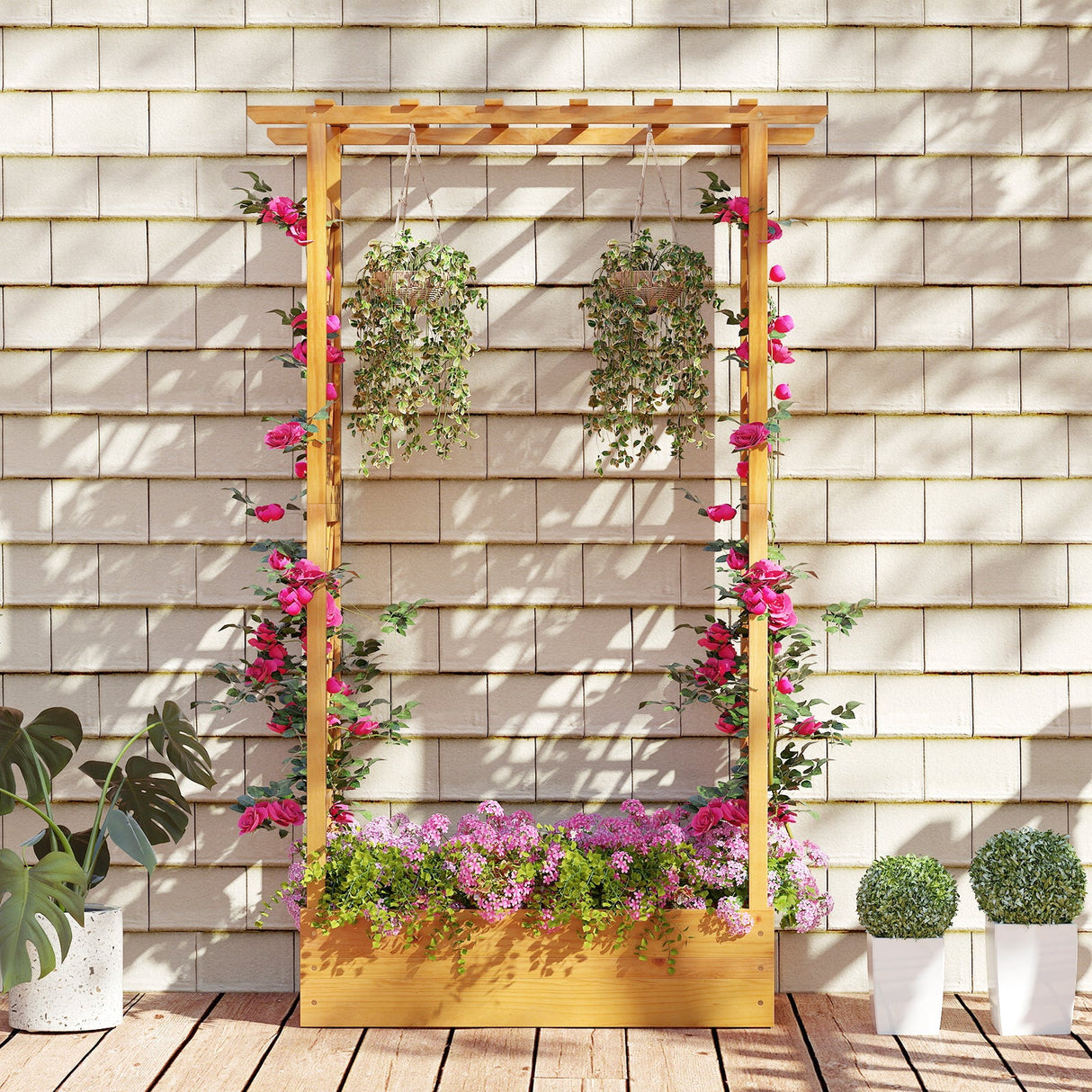 Macetero elevado de madera con celosía, 70 pulgadas, natural