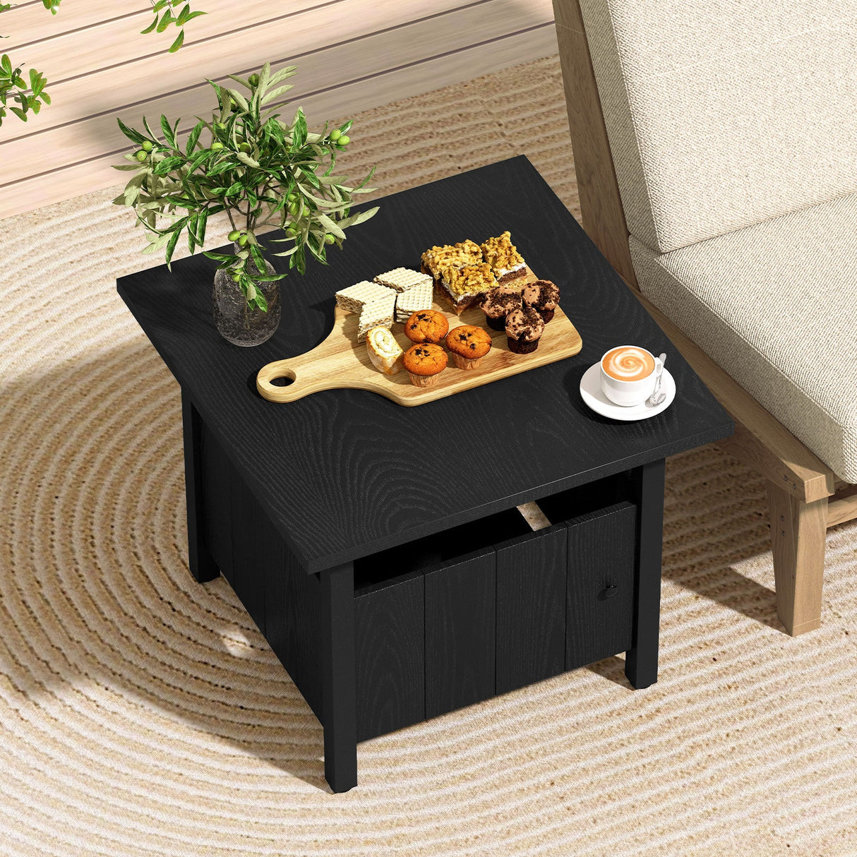 Mesa Auxiliar Exterior con Agujero para Sombrilla de 1.89" Soporte de Base para Sombrilla de Patio - Negro