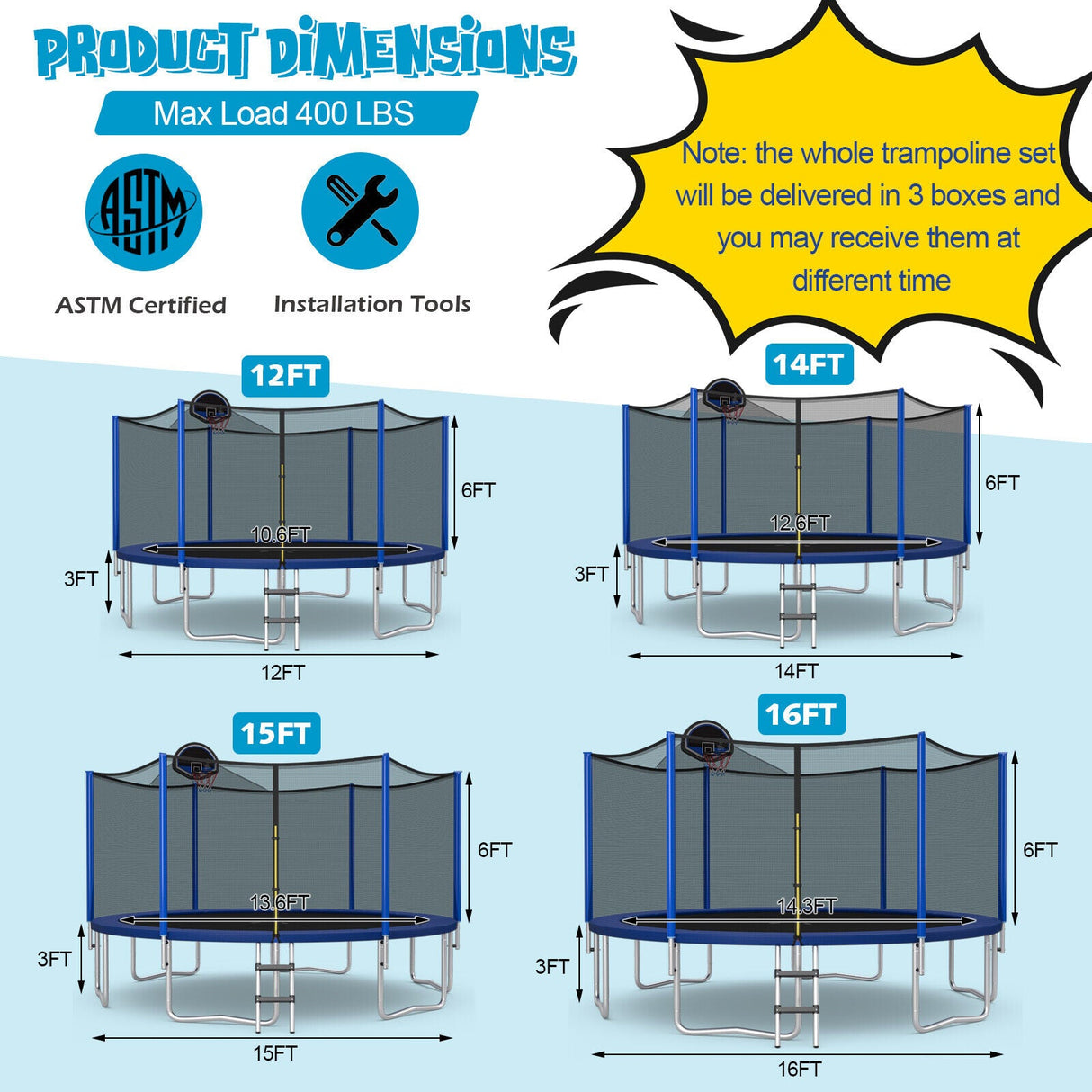Trampolín Recreativo Exterior de 12/14/15/16 Pies con Red de Seguridad - 14 pies