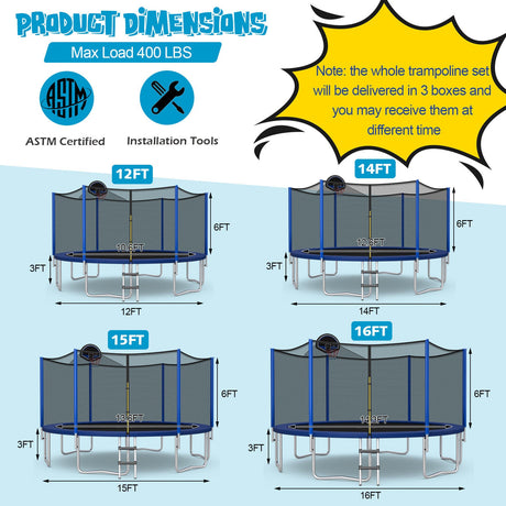 Trampolín Recreativo Exterior de 12/14/15/16 Pies con Red de Seguridad - 14 pies