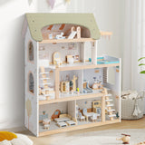 Casa de muñecas de madera para niños, casa de juegos de simulación con 33 accesorios de muebles - Verde