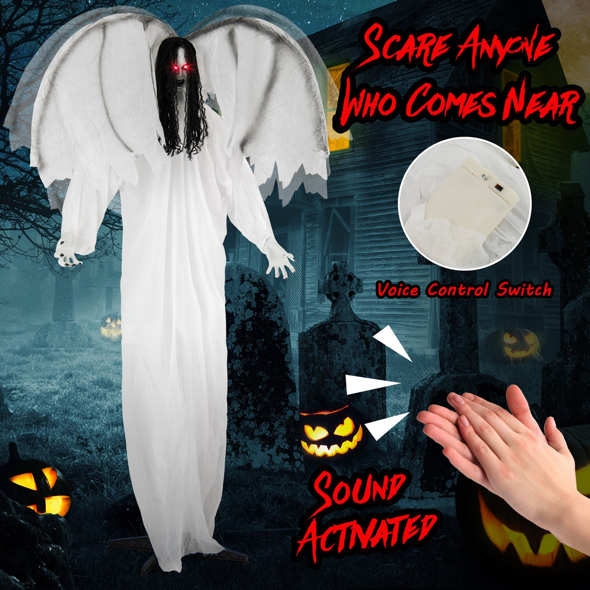 Ángel animatrónico de Halloween de 2 metros con ojos luminosos activados por sonido y alas aleteantes