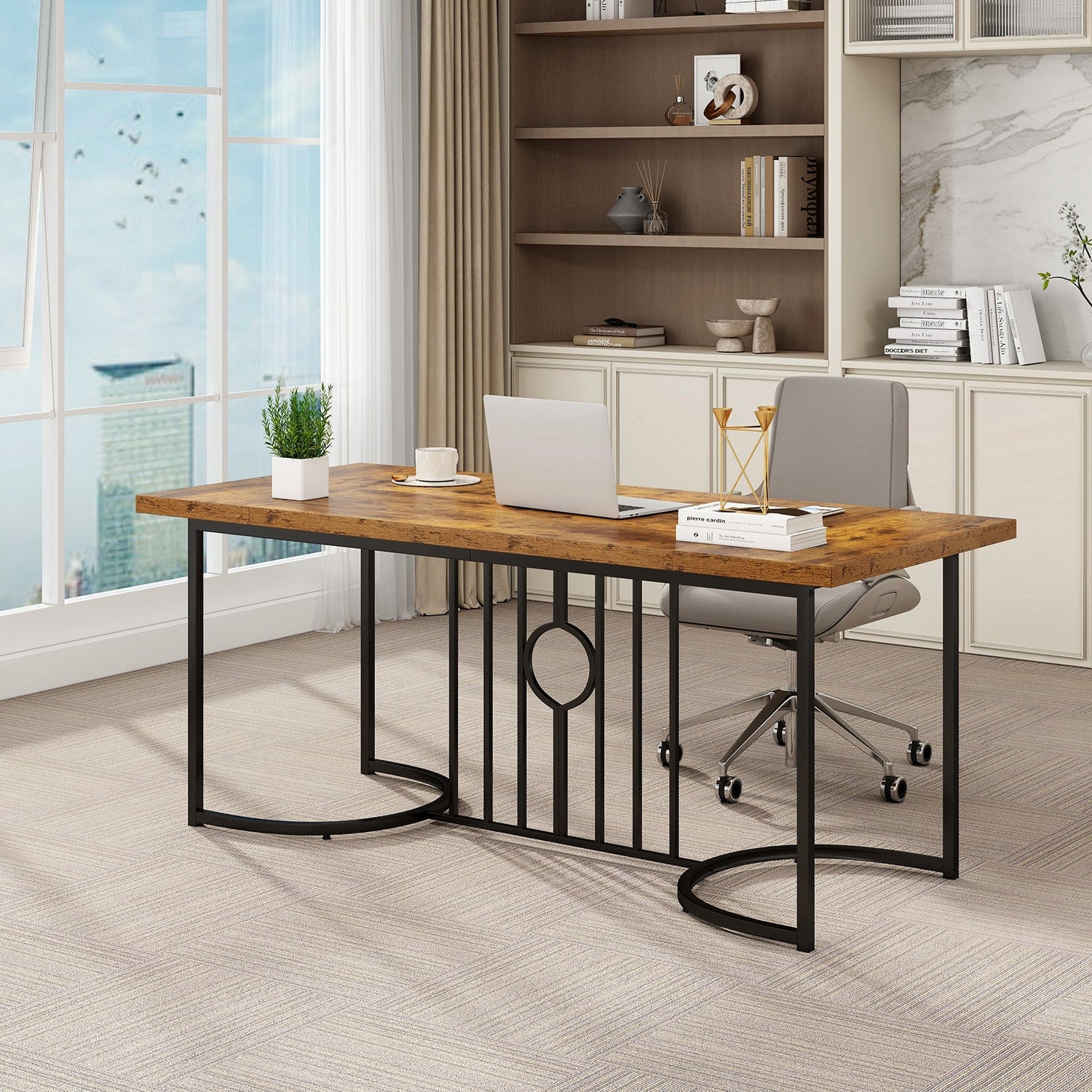 Mesa de comedor grande de 71 pulgadas para 6-8 personas, mesa de cocina rectangular de madera-Marrón rústico