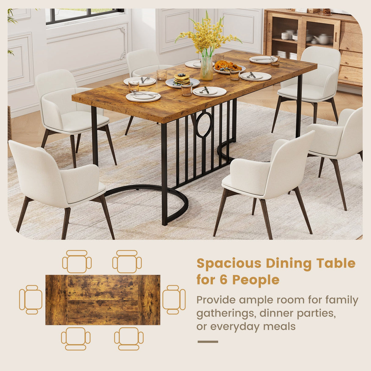 Mesa de comedor grande de 71 pulgadas para 6-8 personas, mesa de cocina rectangular de madera-Marrón rústico