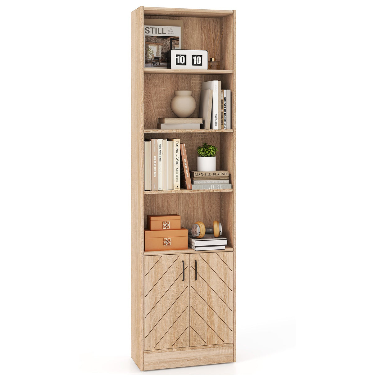 Estantería alta de 6 niveles de 71 pulgadas con doble puerta y 4 cubos abiertos - Roble
