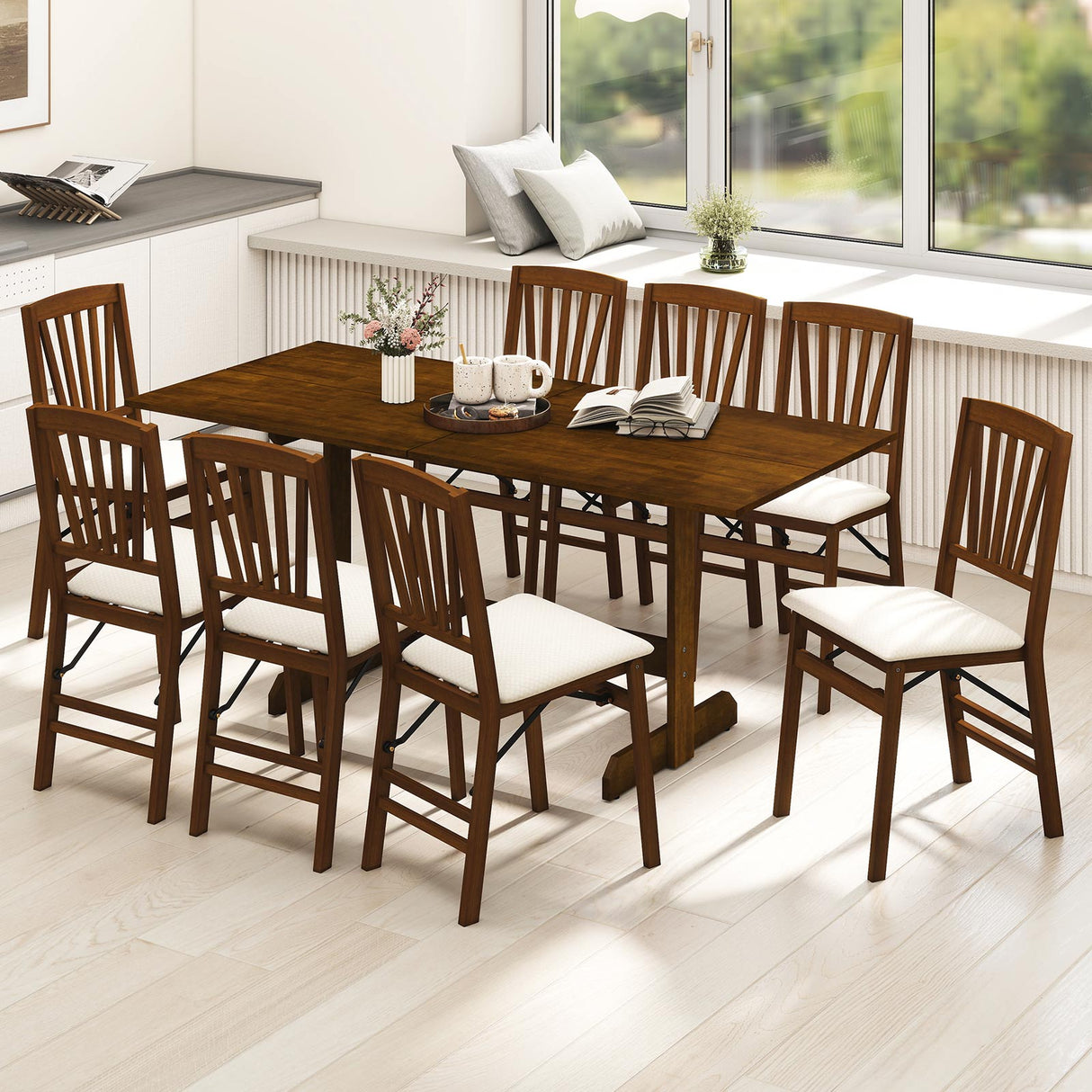 Mesa de Comedor de Granja de 71 Pulgadas, Mesa de Cocina de Madera para 6-8 Personas con Patas de Madera de Caucho-Nogal