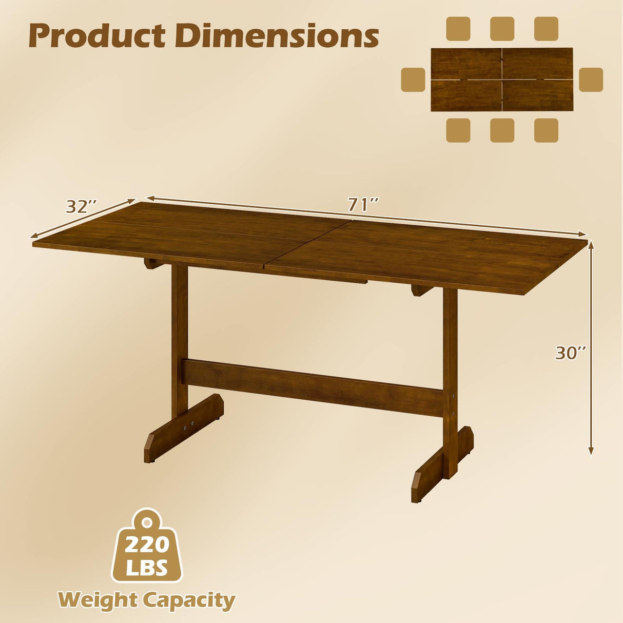 Mesa de Comedor de Granja de 71 Pulgadas, Mesa de Cocina de Madera para 6-8 Personas con Patas de Madera de Caucho-Nogal