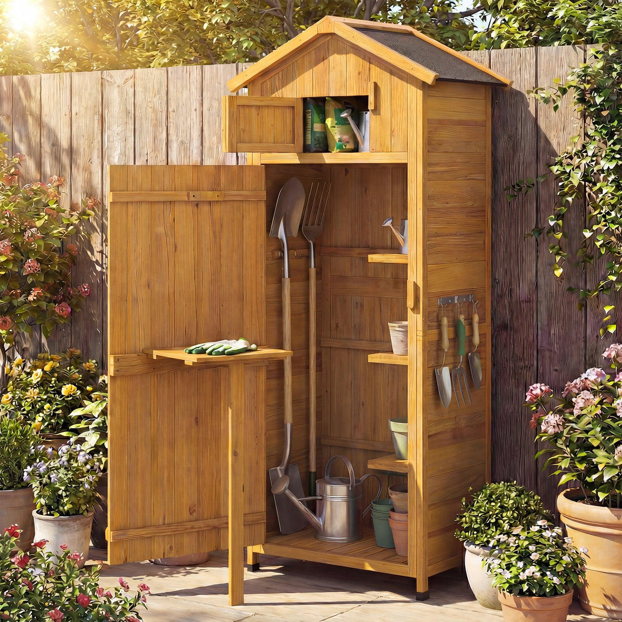Armario de almacenamiento de herramientas de jardín de 70 pulgadas de alto con puertas con cerradura y mesa plegable