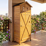 Armario de almacenamiento de herramientas de jardín de 70 pulgadas de alto con puertas con cerradura y mesa plegable