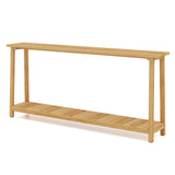 Mesa de sofá rústica de 2 niveles con estructura de madera de teca y estante de almacenamiento
