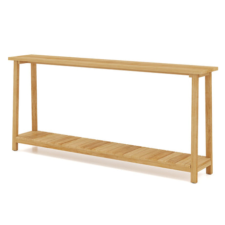 Mesa de sofá rústica de 2 niveles con estructura de madera de teca y estante de almacenamiento