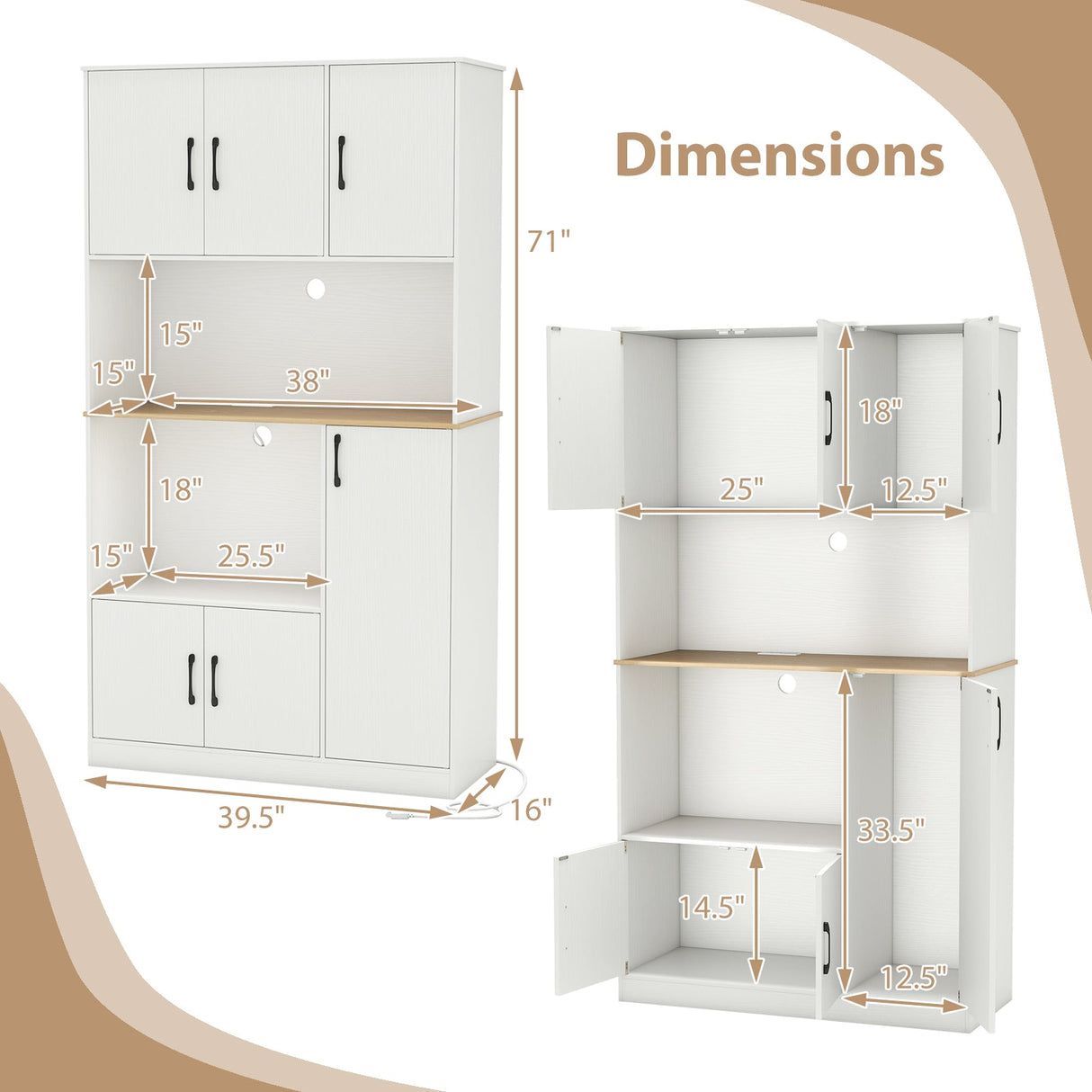 71" Tall Kitchen Pantry Cabinet with Charging Station Wooden Buffet Cupboard Sideboard