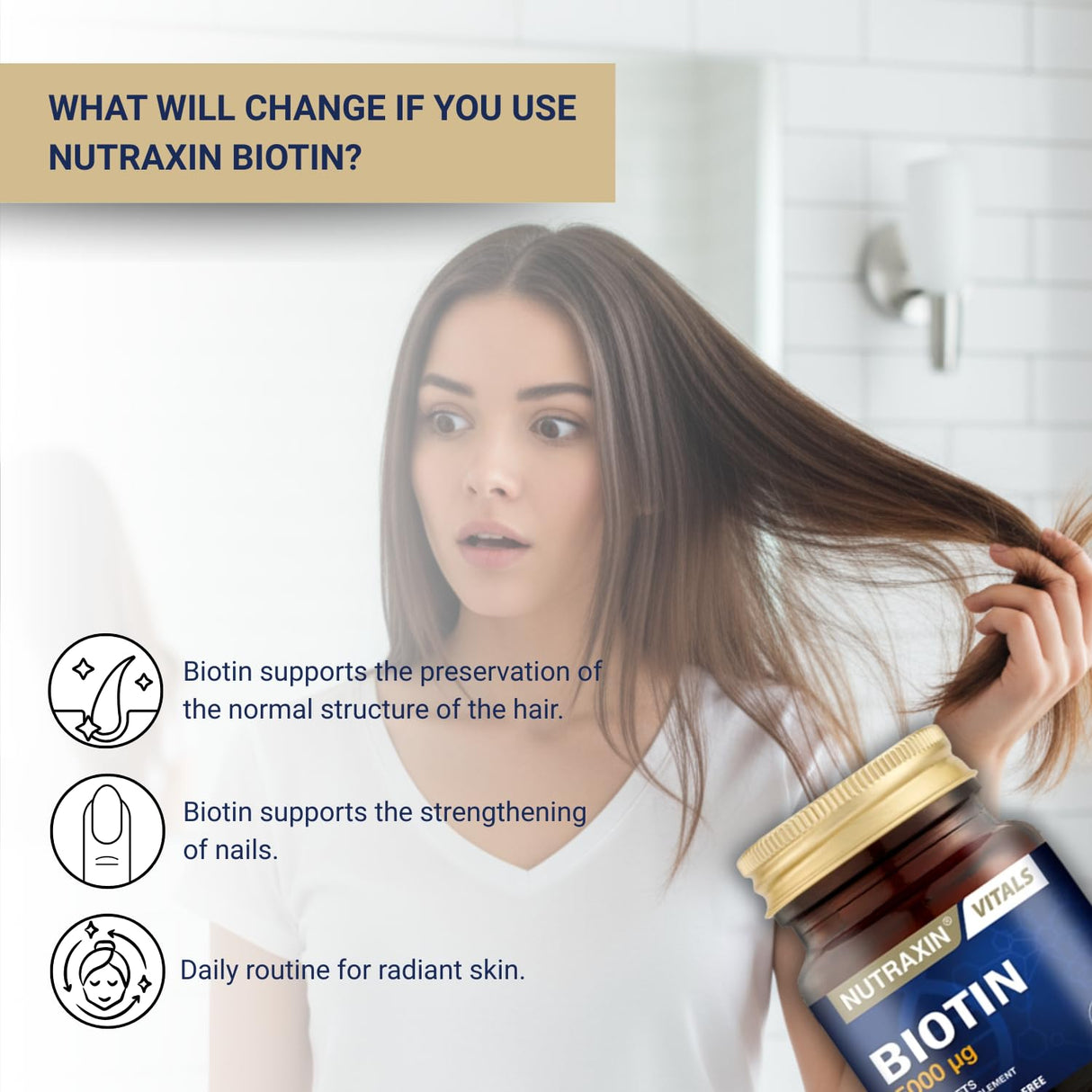 Nutraxin Biotin 5000mcg Supplement - 30 Tablets for Hair, Nail & Skin Health