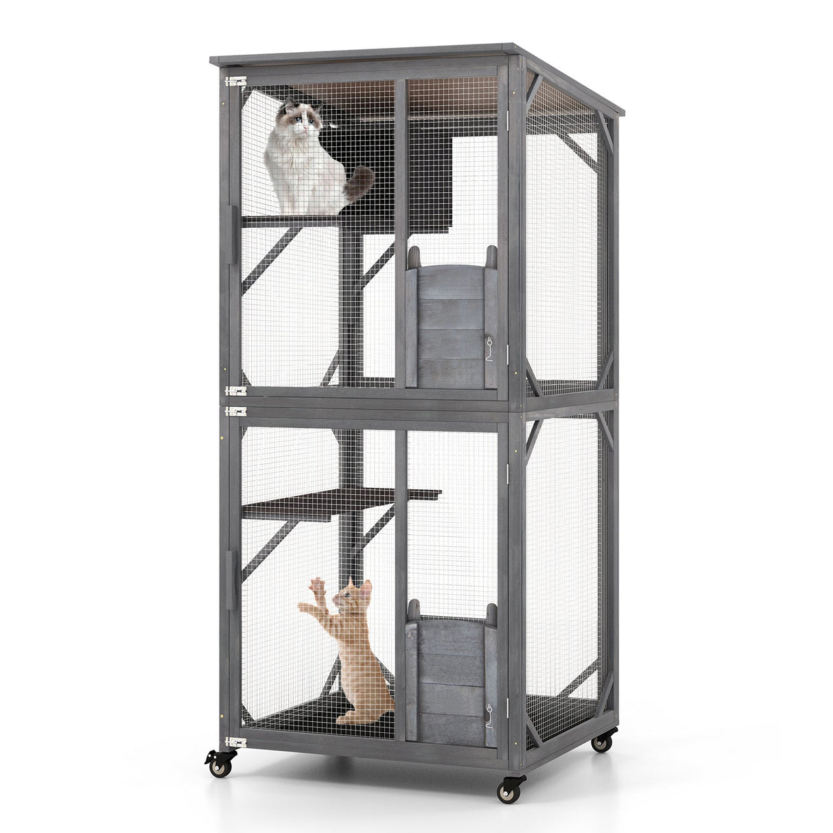 Casa de Madera para Gatos de 72 Pulgadas de Alto con Techo de Asfalto Resistente a la Intemperie - Gris