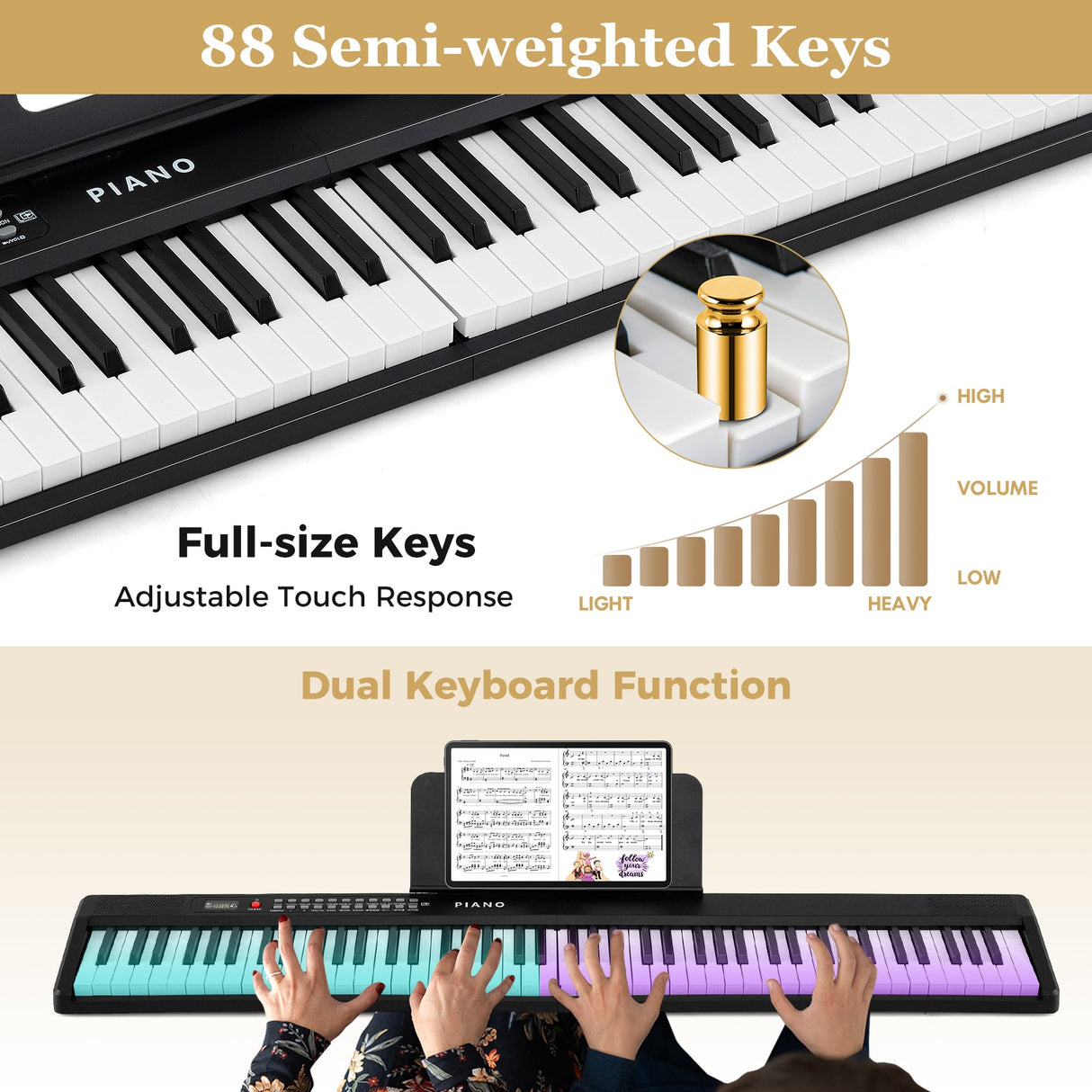 Teclado de piano plegable de 88 teclas, portátil, semipesado, eléctrico, negro