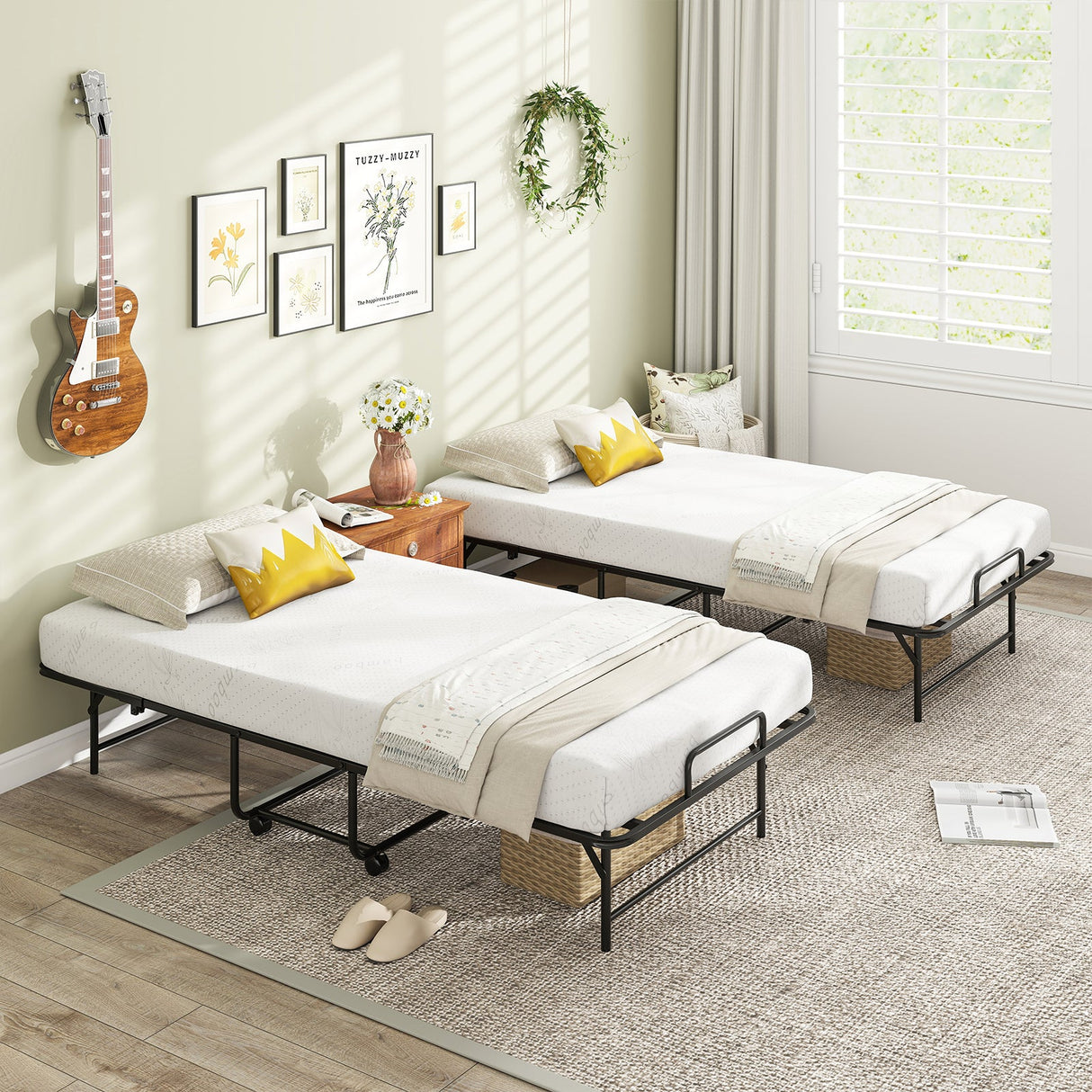 75 x 38 Inch Folding Bed with Mattress Twin Size Rolling Guest Bed