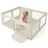 75 x 59 Inch Large Baby Playpen with Breathable Mesh and Zipper Doors-Beige
