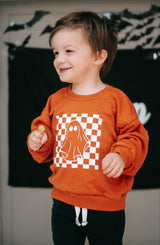 Sudadera con cuello redondo y estampado de fantasmas a cuadros - Naranja