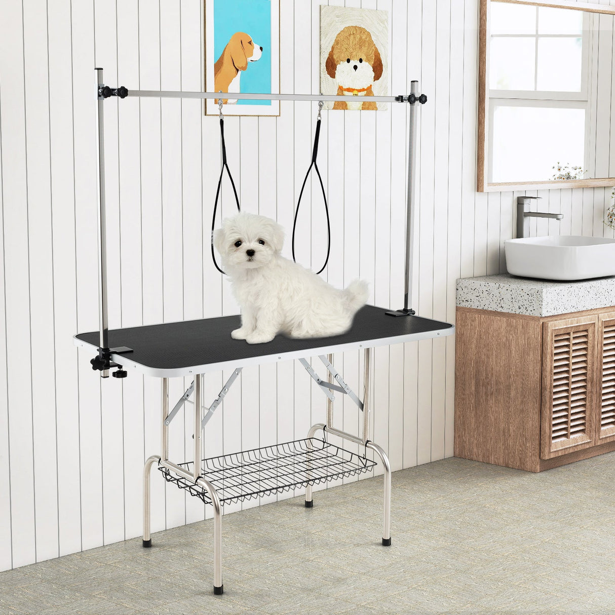 Mesa de peluquería canina plegable con brazos ajustables en altura - Negra