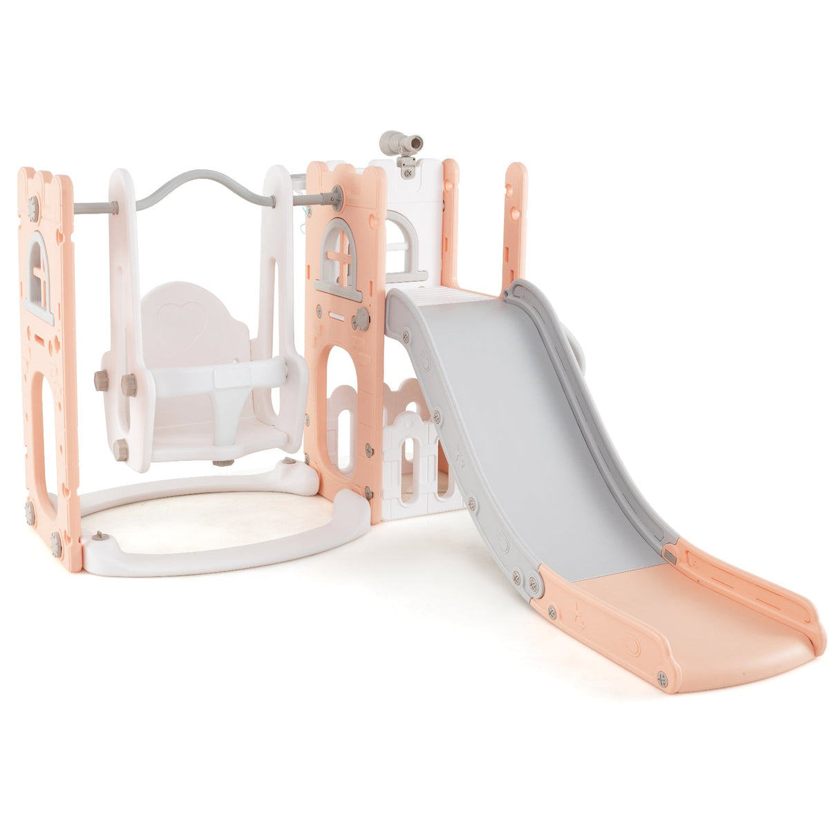 Columpio y tobogán para niños pequeños 7 en 1, en forma de L, con escalera y canasta de baloncesto