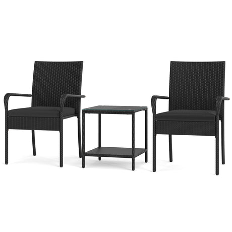 Juego de muebles de patio de 3 piezas con cojines de asiento y mesa con cubierta de vidrio templado