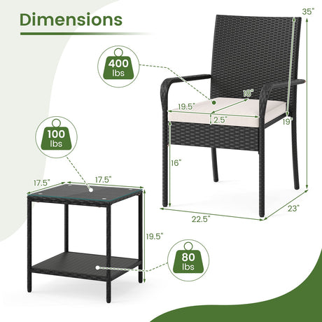 Juego de muebles de patio de 3 piezas con cojines de asiento y mesa con cubierta de vidrio templado