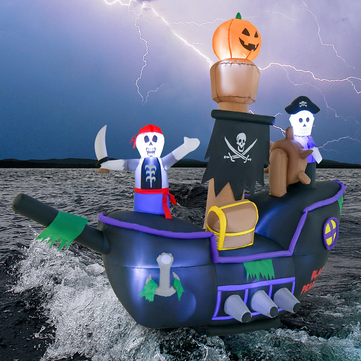 Barco Pirata Inflable de Halloween de 7 Pies de Largo con Luces LED y Soplador