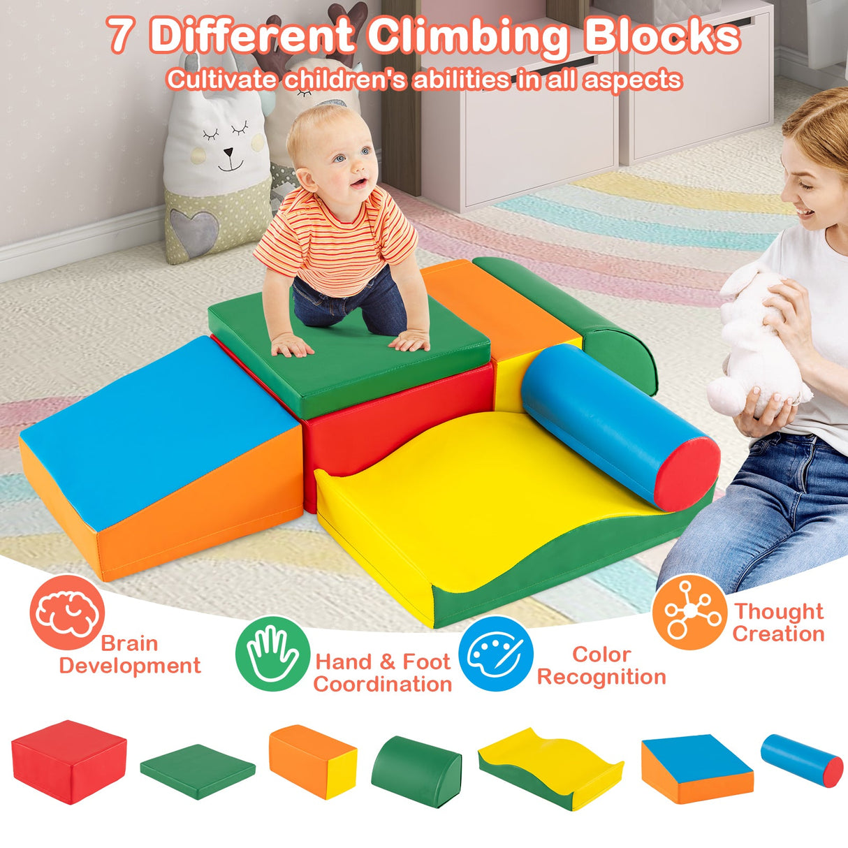 7 piezas de juguetes de escalada para niños pequeños con espuma EPE y cuero de PU extraíble