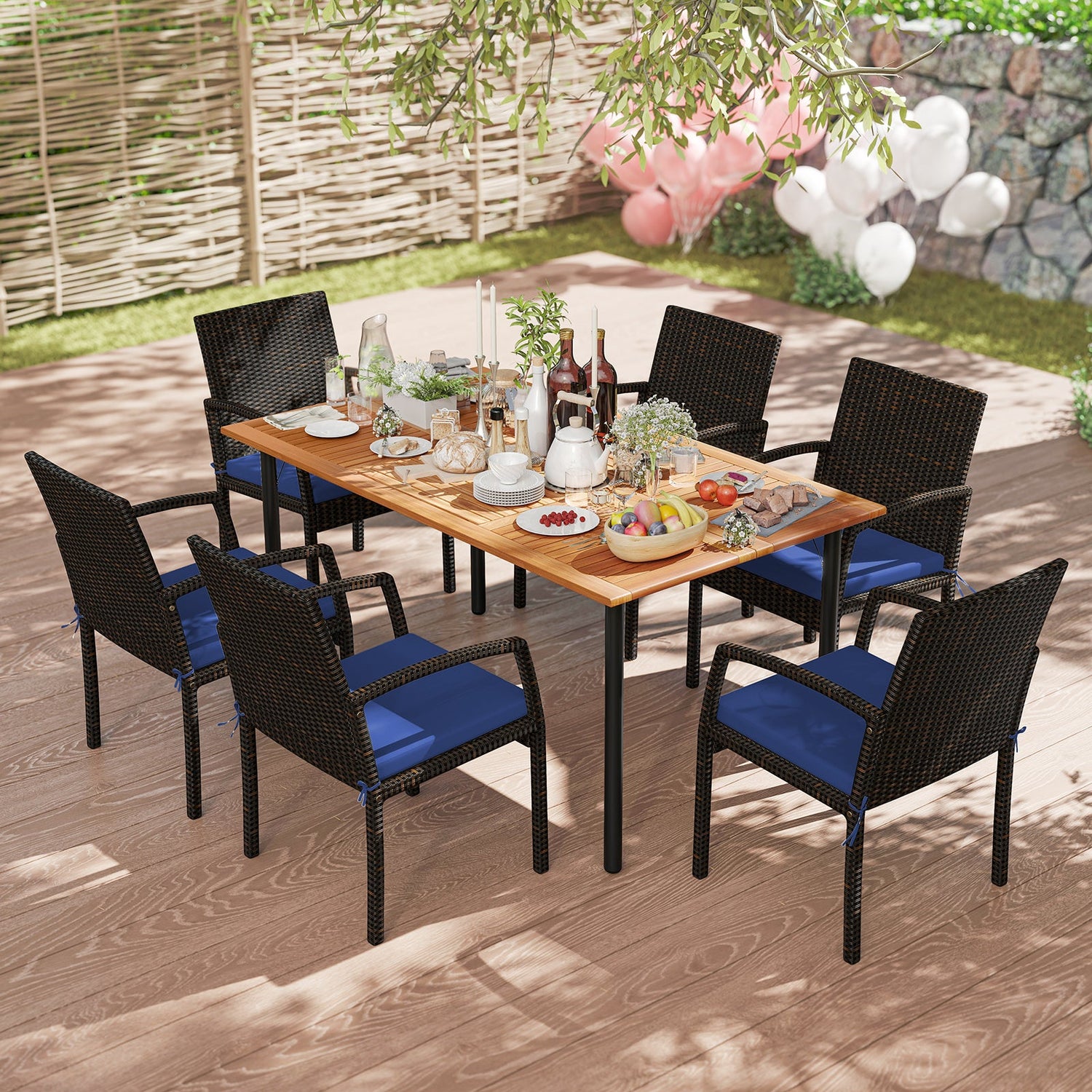 Juego de comedor de exterior de 7 piezas de madera de acacia con mesa con orificio para sombrilla y cojines