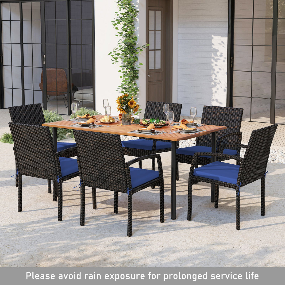 Juego de comedor de exterior de 7 piezas de madera de acacia con mesa con orificio para sombrilla y cojines