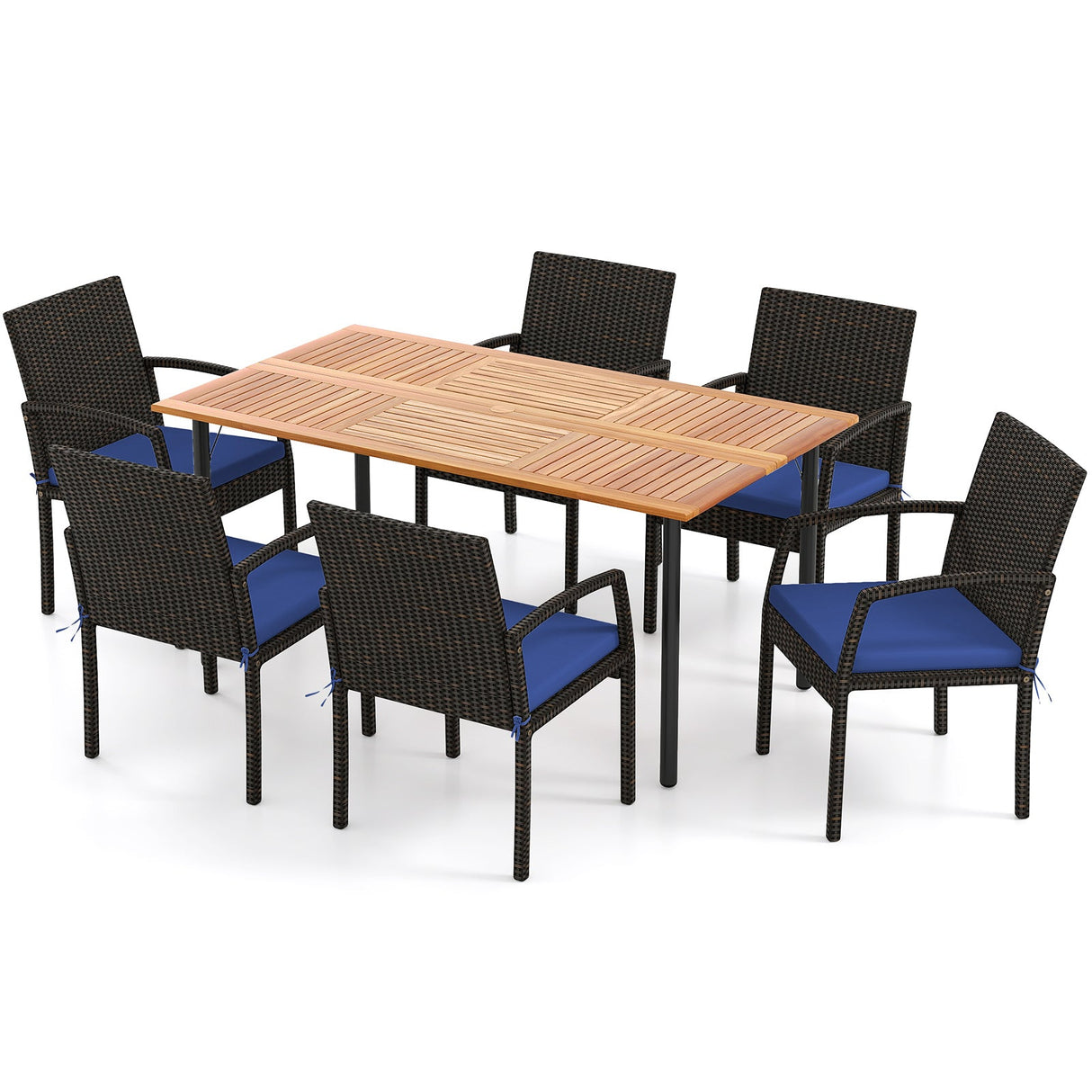 Juego de comedor de exterior de 7 piezas de madera de acacia con mesa con orificio para sombrilla y cojines