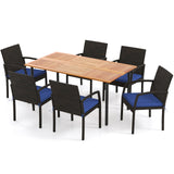 Juego de comedor de exterior de 7 piezas de madera de acacia con mesa con orificio para sombrilla y cojines
