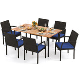 Juego de comedor de exterior de 7 piezas de madera de acacia con mesa con orificio para sombrilla y cojines