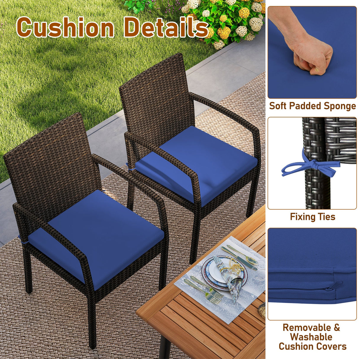 Juego de comedor de exterior de 7 piezas de madera de acacia con mesa con orificio para sombrilla y cojines