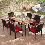 Juego de comedor de exterior de 7 piezas de madera de acacia con mesa con orificio para sombrilla y cojines