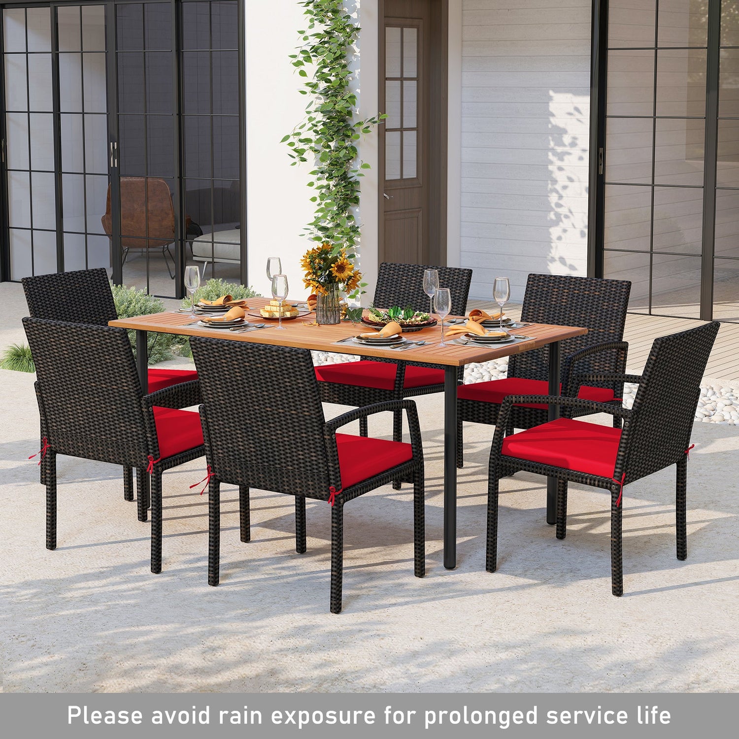 Juego de comedor de exterior de 7 piezas de madera de acacia con mesa con orificio para sombrilla y cojines