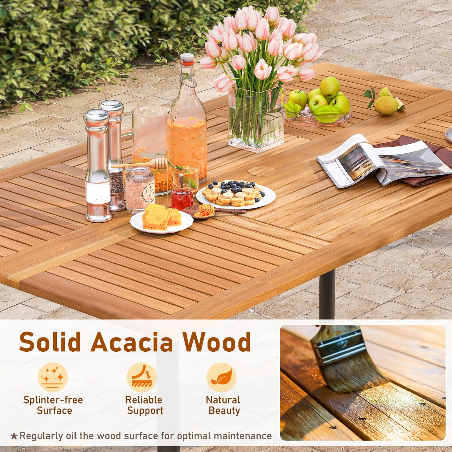 Juego de comedor de exterior de 7 piezas de madera de acacia con mesa con orificio para sombrilla y cojines
