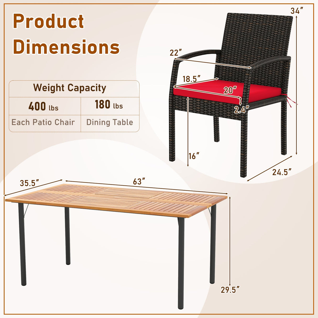 Juego de comedor de exterior de 7 piezas de madera de acacia con mesa con orificio para sombrilla y cojines