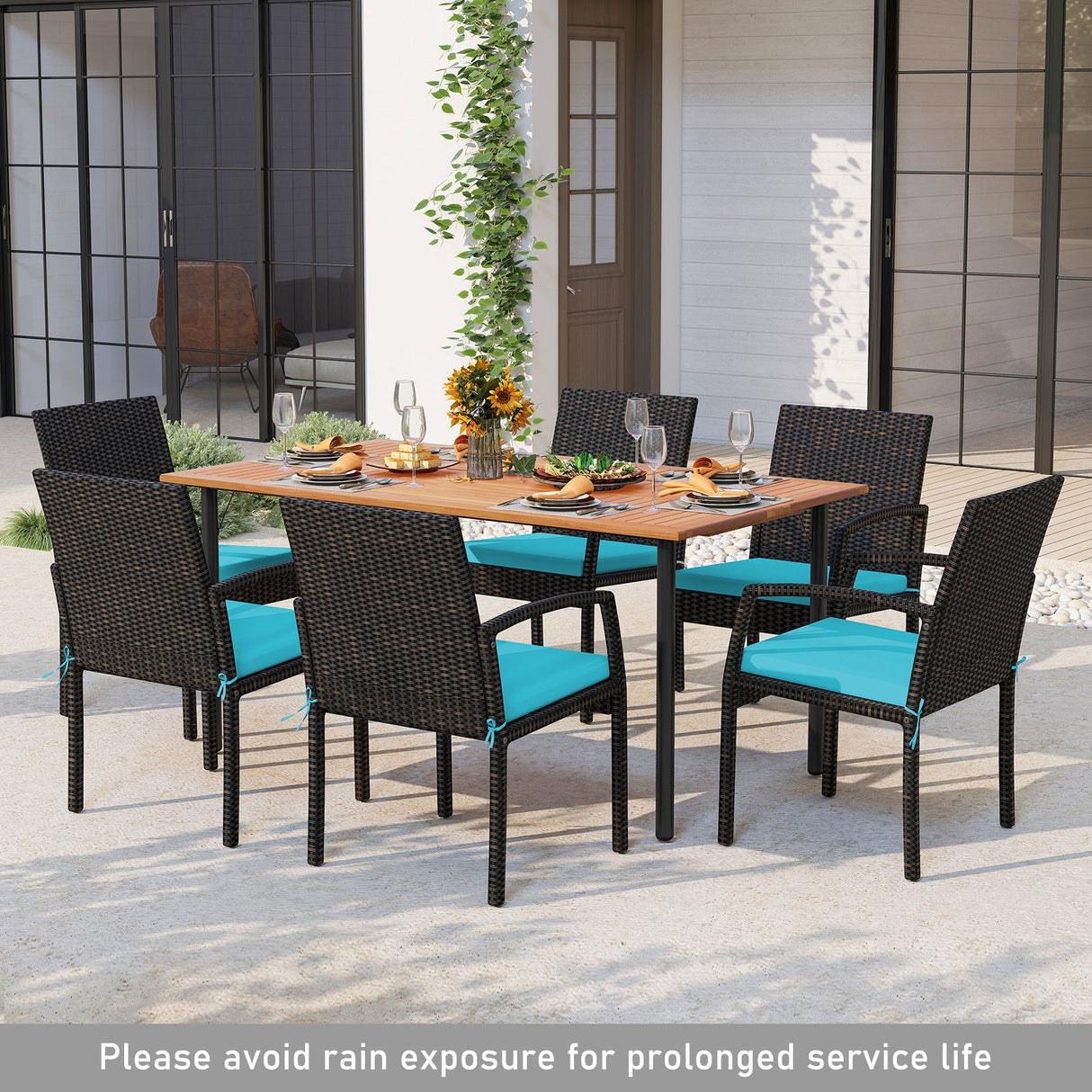 Juego de comedor de exterior de 7 piezas de madera de acacia con mesa con orificio para sombrilla y cojines
