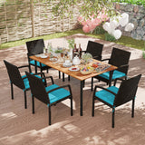 Juego de comedor de exterior de 7 piezas de madera de acacia con mesa con orificio para sombrilla y cojines